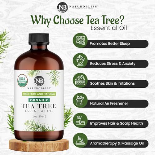 Image of NaturoBliss Organic Tea Tree Essential Oil, 100% Pure Therapeutic Grade, Premium Quality Tea Tree Oil, 1 fl. Oz / 30 ml - Perfect for Aromatherapy and Relaxation (Tea Tree, 30ml)