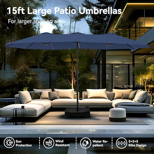 Image of PHI VILLA 15ft Large Outdoor Patio Umbrella with Base Included, Navy Blue