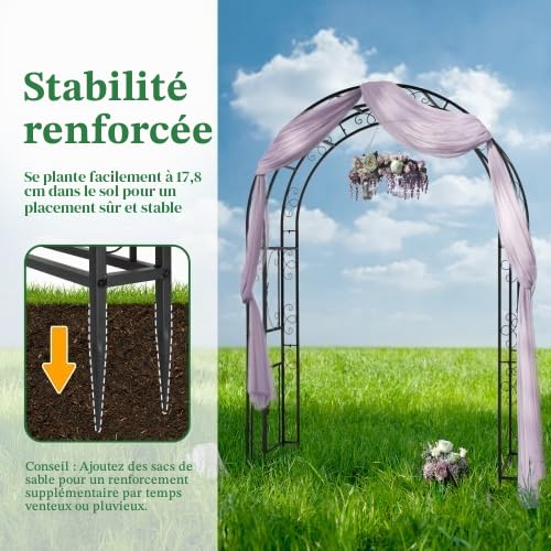Bonnlo Arche de Jardin en Acier et Double Couche, Arche en Fer pour Plantes Grimpantes et Rosiers, Tonelle Jardin pour Mariages, Fêtes et Décorations Extérieures 240 x 190 x 60cm, Grande Taille, Noir