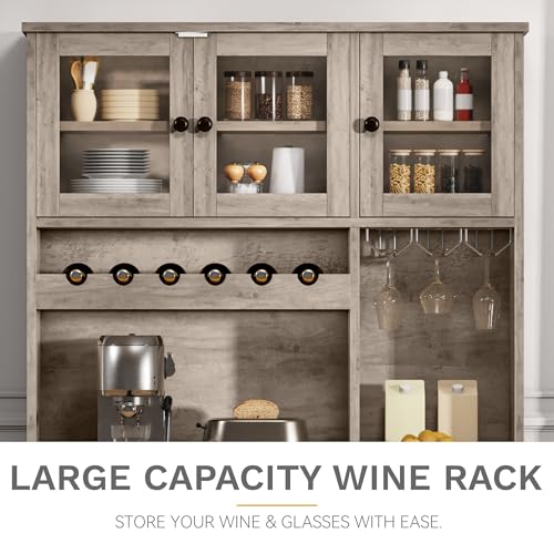 DWVO 71''H Kitchen Pantry Cabinet with Drawer, Doors, Goblet Holder, Wine Rack for Storage, Pantry Cabinet with Power Outlet for Kitchen & Living Room (Grey Oak)