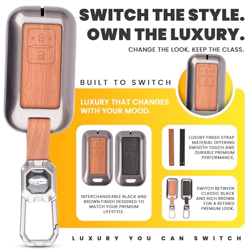 Image of Car Key Cover Compatible with Maruti Suzuki jimny Baleno Grand Vitara XL6 Swift New Brezza 2022 Ertiga Dzire 2-Button Smart Key (Dual Leather Metal (Black & Brown))