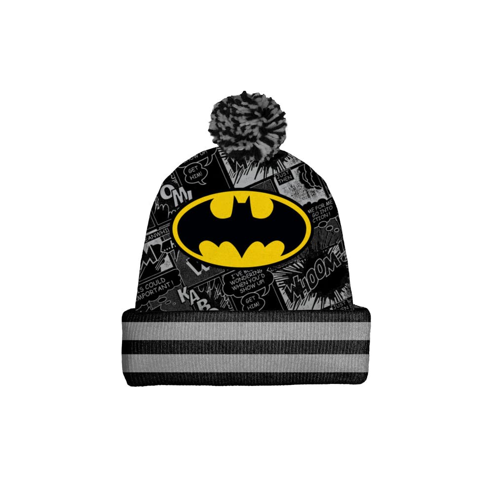 Batman Beanie - Cotton Puff Ball Beanie Hat with Comic Book Design & Batman Logo - Cozy Winter Cap for Superhero Fans, Black & Gray