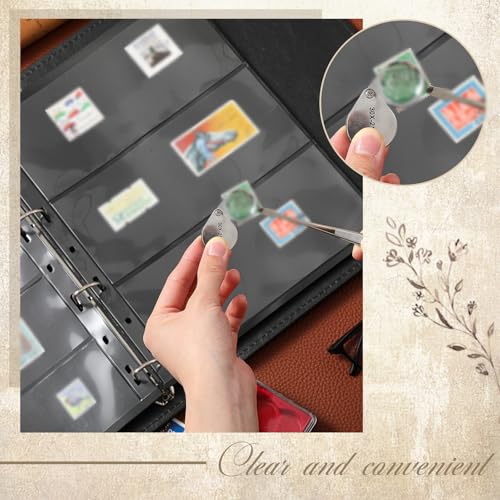 Image of Stamp Collecting Album Binder Kit for Collectors, 1 /2 /3 /4 Rows Banknotes Storage Book with 20 Stamp Pages, 4 Ring Binder, Tweezers and Magnifier, for Paper Money Bill Postage, Beginner Hobbyists Gift