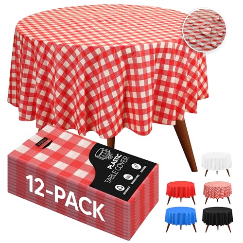 Utopia Kitchen 12 Pack Premium Red Checkered Plastic Table Cloth, 84 Inch Disposable Tablecloth Round Waterproof Table Cover