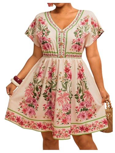 Image of Floerns Women's Plus Size Summer Vacation Wrap V Neck Short Sleeve Ruffle Hem A Line Hawaiian Short Dress