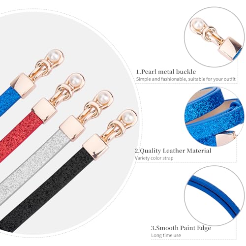 TINIDI Women Thin Belt Leather Belt Leather Skinny Bling Belt Thin Waist Belts for Dresses up to 42 Inch with Pearl Buckle2
