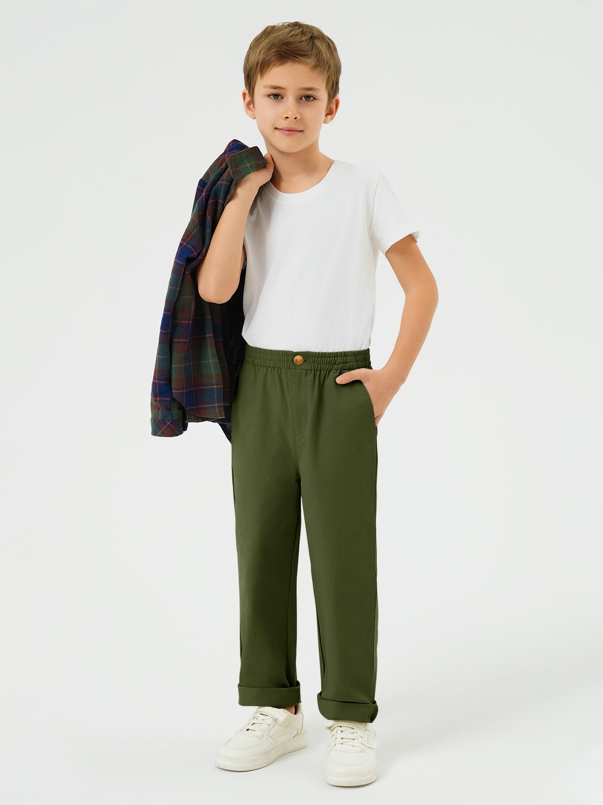 Haloumoning Pantaloni chino per uniforme scolastica, per bambini, in twill | Pantaloni elasticizzati in vita per bambini, pantaloni casual da ragazzo con tasche