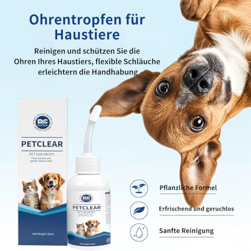 Ohrenreiniger hund Ohrenpflege für Hunde 60ml Ohrenreiniger stoppen Ohren Entzündungen und Juckreiz, Haustier Ohrreiniger für Hunde und Katzen, Hundeohrreinigungslösung, Schmutz, Geruchsentferner