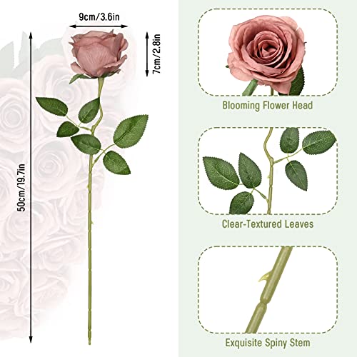 Waipfaru 12 Pcs Artificial Flowers Fake Silk Dusty Roses, Faux Real Touch Roses Bouquet with Long Stem for Wedding Party Home Decor (Dusty Rose) - Thumbnail 6