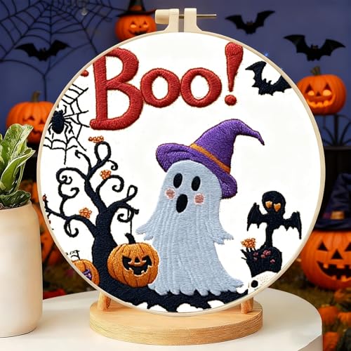 Image of Zhenqing Halloween Ghost Embroidery Kit for Beginners, Cute Boo Needlework Kit with Pre-Printed Cotton Fabric, 20cm Hoop, Threads & Tools, Spooky DIY Wall Decor (C0117)