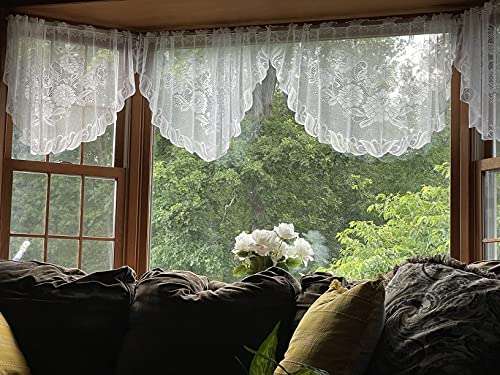 Wubodti White Lace Swag Valance Curtains For Living Room Kitchen Windows, Sheer Embroidery Floral Window Valances Hollow Knitted Scalloped Curtain For Dinning Room Cafe, 63" Wx24 H #TOP1