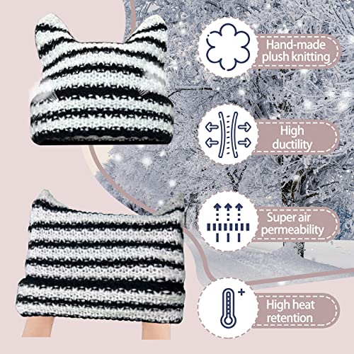 Cat Beanie For Women Knitted Crochet Fox Hat With Striped Winter Cap Y2K Accessories Grunge Goth Slouchy Vintage Beanies White Black #TOP4
