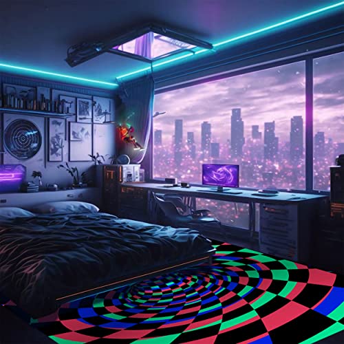 Eiskbc Neon 3D Vortex Illusion Rug, Blacklight Uv Reactive Game Area Rug, Large Non-Slip Visual Optical Floor Mat Carpet, Glow In The Dark Fluorescent Playroom Bedroom Home Decor 59X51Inch #TOP2