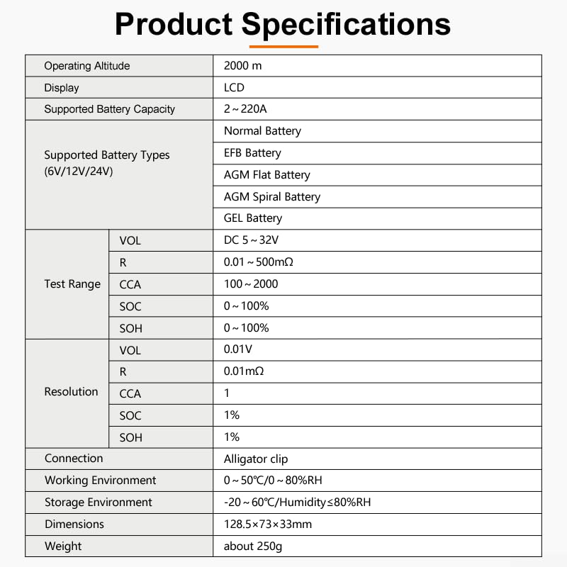 Tester per batterie BT10 per uso automobilistico da 6 V, 12 V, 24 V, misura lo stato di carica e lo stato di salute insieme alla resistenza interna di tensione e CCA