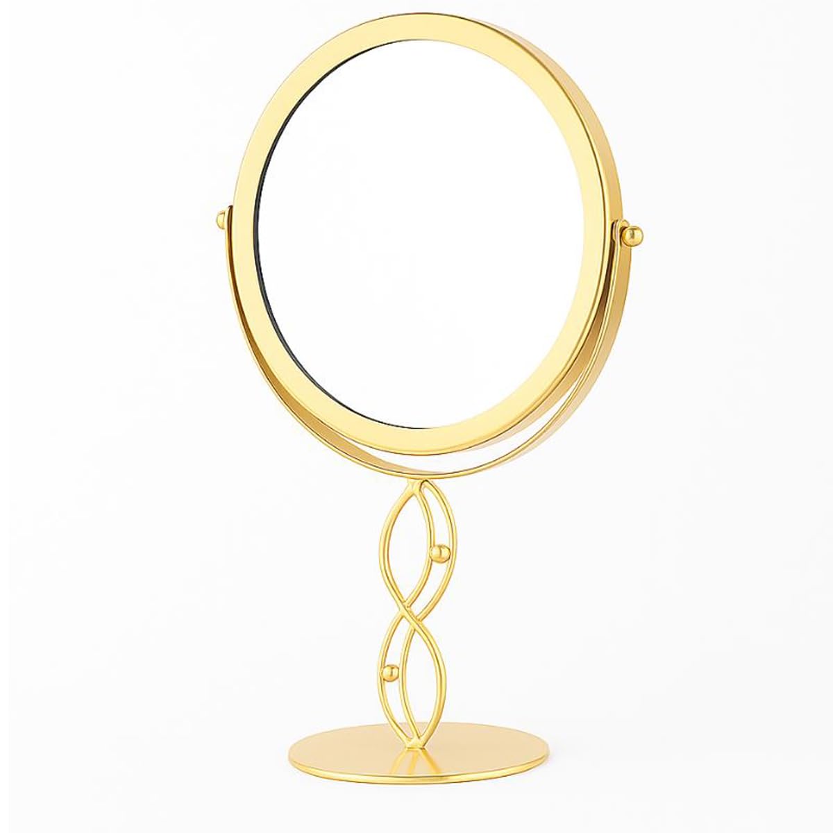 SIBY Round One - Sided Tabletop Makeup Mirror with Decorative Metal Stand – 360° Rotatable Vanity Mirror for Desk, Bedroom & Dressing Table (Golden)-image-35
