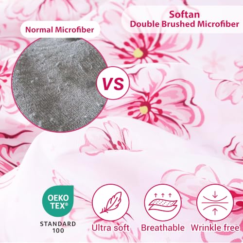 Image of Softan Pink Floral Queen Sheet Set, Cozy Printed Microfiber Bed Fitted Sheets with 15 inch Deep Pocket & Non-Slip Corner Straps, Cherry Blossom Watercolor Flower Patterned Sheets & Pillowcase Set
