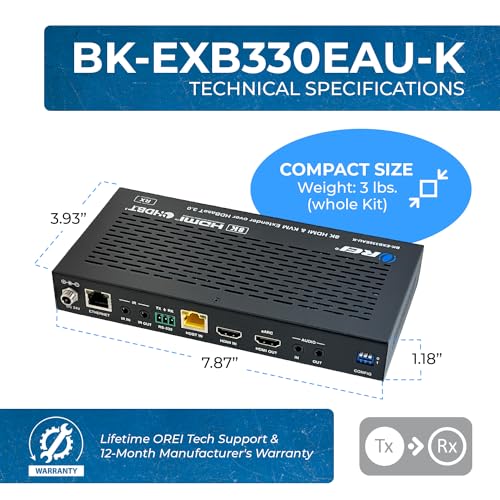 Image of OREI 8K HDBaseT 3.0 HDMI KVM Extender, Loop Out, USB 2.0 RS-232 PoC HDR10+ | 4K 120Hz HDMI Extender, 4K 120Hz HDMI Over Ethernet, eARC /ARC, 40Gbps FRL, Dolby Vision, VRR, ALLM