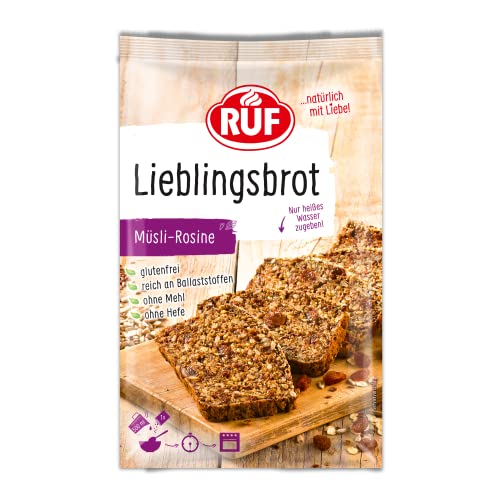 RUF Lieblingsbrot Müsli-Rosine, Brot-Backmischung, Brotmischung, Brotteig-Mischung, für Brot wie vom Bäcker, glutenfrei, ohne Mehl und Hefe, 1 x 600g