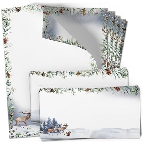 Weihnachtsbriefpapier Set - 10 x Weihnachtspapier A4 mit Umschlägen Briefpapier Weihnachten mit Umschlag DIN lang Winter Landschaft Aquarell Papier Kuvert bedruckt