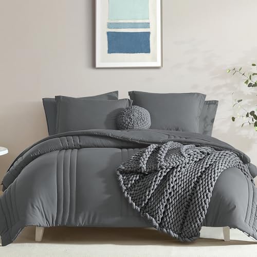 Monbix Super King Plus Size Comforter Set - 7 Pieces Bright Gray Bed in a Bag Super King Plus Bedding Sets with Comforters, All Seasons Comforter Bed Set with Sheets,Pillowcases & Shams