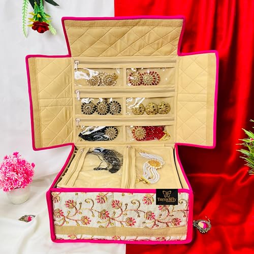 Image of Trendifly Royal Flower Design Jewellery Organiser bag | Travel Makeup Cosmetic Jewelry Storage organizer box for Bridal women Earrings Bracelet Necklace (Pink Tikki)