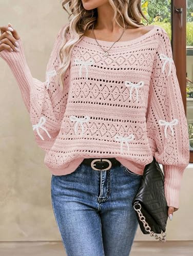 Image of Cakulo Womens Off Shoulder Crochet Sweater Top 2025 Fall Fashion Batwing Long Sleeve Sweaters Outfits White Bow Pink XL