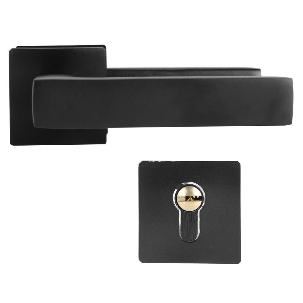 Zouminyy Copper,Black Modern Square Lock Set Handleset,Exterior Door Handle And Deadbolts Set,Adjustable Simple Black Lock Cylinder Handle Set Keyed‑Locking Door Knob Accessory