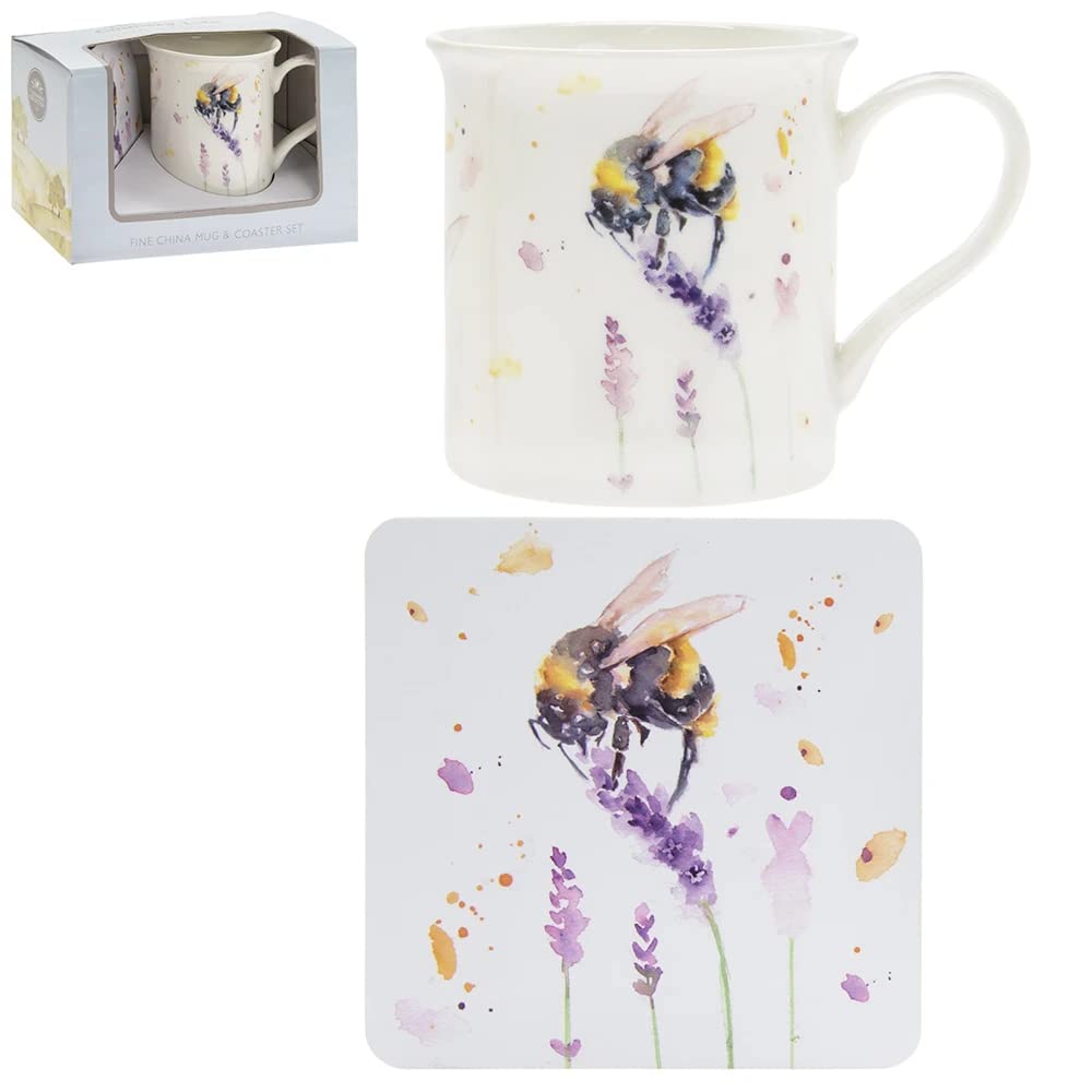 Jennifer Rose Gallery Lavender Bumble Bee On A Plant Fine China Mug & Coaster Boxed Set