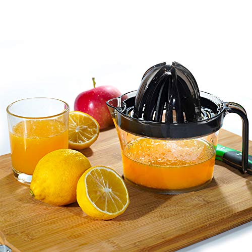 Odetina Orangen-/Grapefruitpresse, Zitronen- und Limettenpresse, manuelle Fruchtpresse, Handsaftpresse, Zitruspresse, Küchenentsafter mit abgestuftem Behälter, 500 ml, transparent schwarz Cover