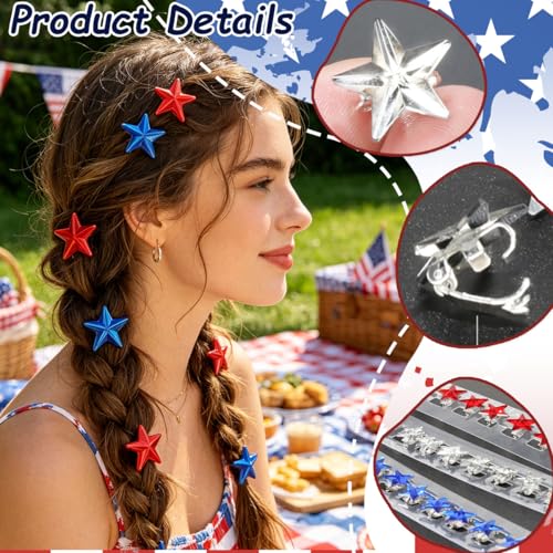 12 piezas pinzas de cabello mini estrella con diseño patriótico rojo, blanco y azul para mujer miniatura 3