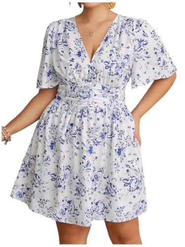 Image of Floerns Women's Plus Size Printed V Neck Short Sleeve Ruffle Hem Summer Short Dresses