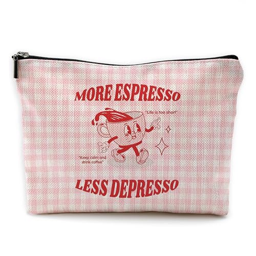 Yomisex More Espresso Less Depresso Coffee Makeup Bag, Coffee Lovers Gifts Cosmetic Bags Toiletry Bag for Women, Espresso Lovers Gifts, Pink Checkered Makeup Pouch
