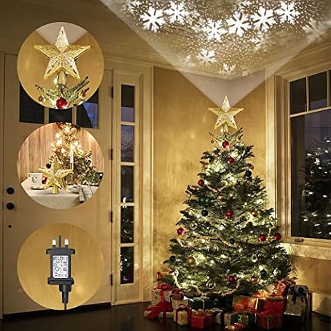Elegear Christmas Tree Topper Light Mains Powered, Plug in Star Tree Topper Light with Rotating LED Snowflake Projector, 3D Hollow Xmas Star Light Indoor for Bedroom, Party Decorations and Gift, Gold Cover