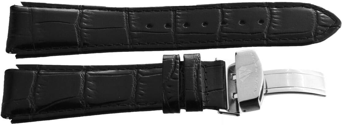Aqua Master 20mm Widens to 25mm Black Leather Watch Band Strap With Stainless Steel Deployment Clasp