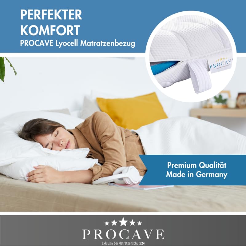 PROCAVE Lyocell Matratzenbezug versteppt, mit 4-Seiten Reißverschluss und 4 Handgriffen, 100% aus Deutschland in 140x200 cm für Matratzen-Höhe 20cm