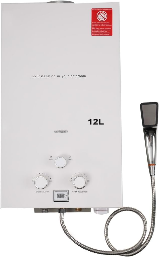 12L Gas Water Heater,24KW Instant Hot Water Heater Boiler Burner with Shower,3.2GPM Stainless Steel for Home/Apartment/Camping Use White [Energy Class A]