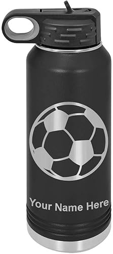 LaserGram Botella de agua con tapa abatible de doble pared de 40 onzas con pajilla, pelota de fútbol, grabado personalizado incluido (negro) disponible en Yaxa Peru