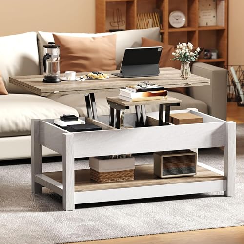 DWVO Lift Top Coffee Tables for Living Room, 3 in 1 Multi-Function Farmhouse Coffee Table with Storage, Wood Coffee Table Center Table with Hidden Compartment, Grey Wash