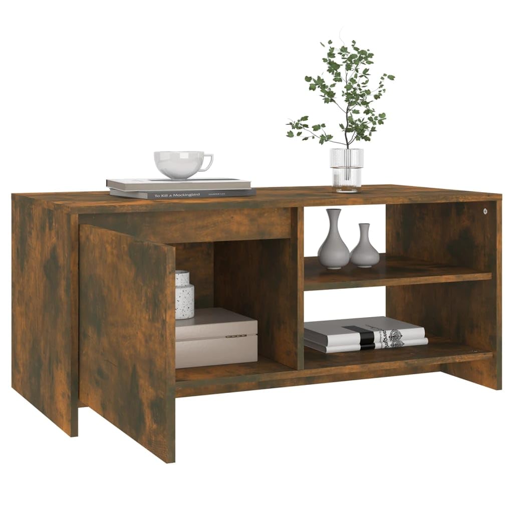 Mesa de centro de roble ahumado, 102 x 50 x 45 cm, de material de madera, moderna mesa de salón con espacio de almacenamiento, estantes, puerta, duradera, fácil de limpiar, ideal para salón