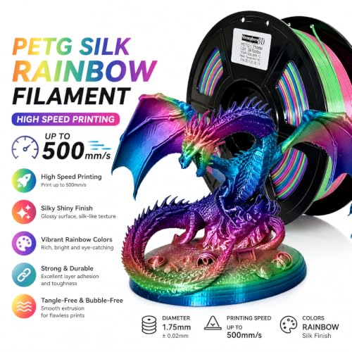 Image of PETG 3D Printer Filament 1.75mm,Silk Rainbow,High Speed Printing 500mm /s,Multi Color,Net Weight 1kg (2.2lbs)