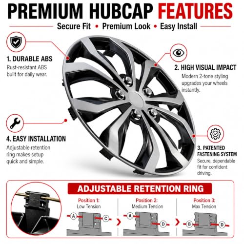 Image of LYDS Spyder BS Black & Silver Universal 16 inch Premium ABS Hubcap Wheel Cover Replacement Set of 4 - FWC-16S-BS