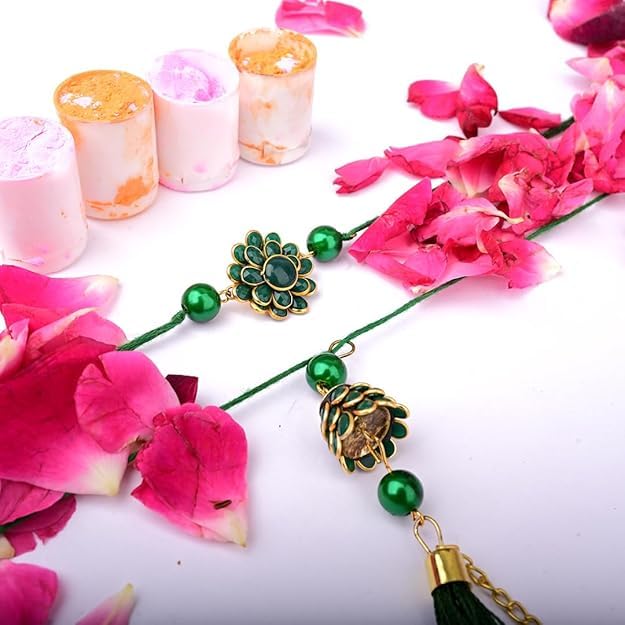 Image of Saudeep India Fridge Magnet with Rakhi Combo Gift Set of Lumba Couple Rakhi for Bhaiya Bhabhi | Travel Souvenir | Refrigerator Magnet(Green Feather)