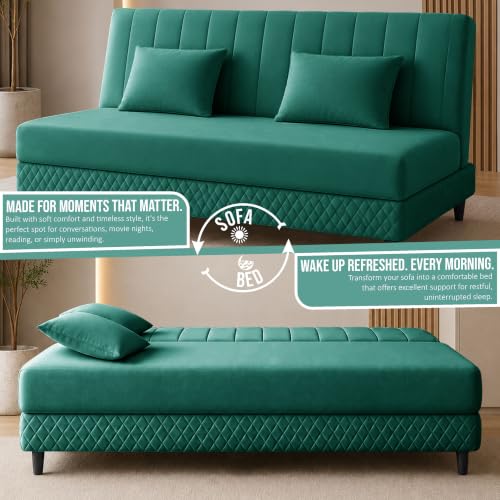 Image of Rosebell Modern 3 Seater Velvet Sofa Cum Bed with Cushion | Premium Upholstered Fabric | Tufted Backrest | Wooden Legs | Living Room Furniture | Green