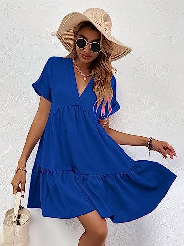 Image of WDIRARA Women's Roll Up Short Sleeve V Neck Ruffle Hem Solid Swing Smock Dress