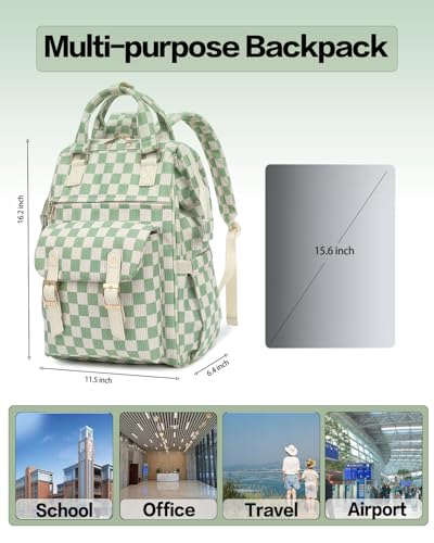 Mochila de laptop para mujeres terciopelo a cuadros verde miniatura 6