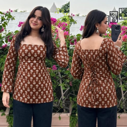 Image of Women's Rayon Printed Short Kurti | Straight Fit Casual Ethnic Top | Square Neck Full Sleeve Ladies Kurti Office College