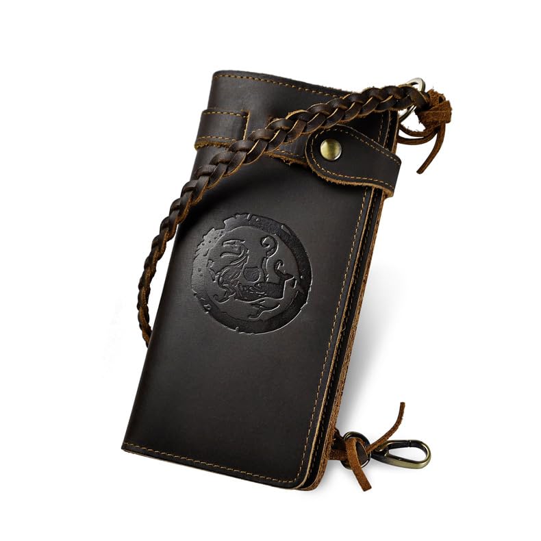 Portefeuille en cuir Crazy Horse vintage pour homme avec chaîne amovible marron