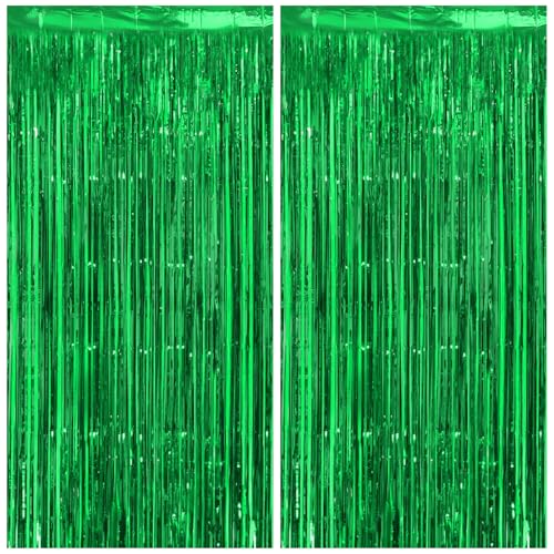 PatiCool 8.2FT Thicken Green Party Backdrop Foil Fringe Curtains Streamers for Birthday, Football, Jungle, Dinosaur, Graduation Decorations, 2 Pack