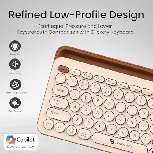 Image of Portronics Bubble 3.0 Wireless Keyboard with Bluetooth + 2.4 GHz USB Receiver, Rechargeable Battery, Dual Height Adjustment, Multimedia Hotkeys with Numpad, for Laptop, PC, Smartphone, Tablet(Beige)