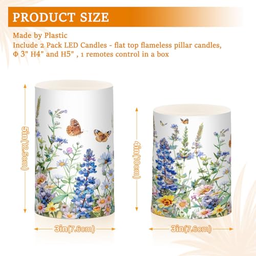 Image of Flower Lights Flameless Candles Watercolor Wildflowers Spring Pillar Candles Set of 2 Battery Operated Remote Control Warm Lights Home Decor